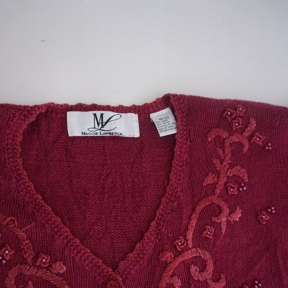 Vintage Maggie Lawrence Embroidered Knit Button Cardigan Top Burgundy 18/20 - Picture 7 of 9